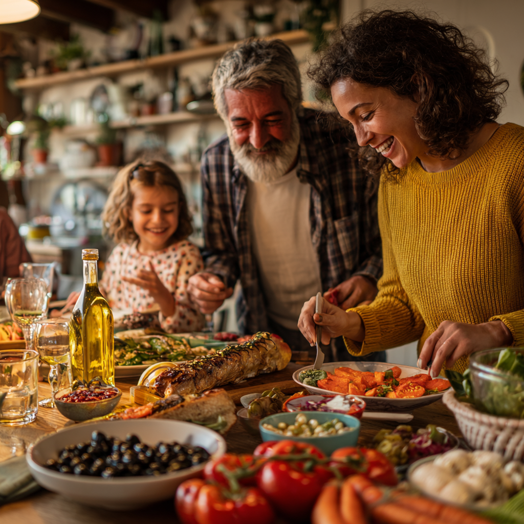 Happy Romanian family preparing healthy meal together in modern kitchen